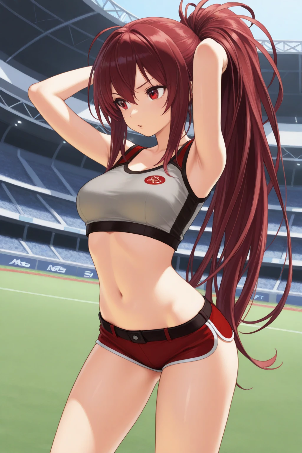nsfw, 1 girl, japanese, 14 years old, white skin, medium chest, , watching the view, (smile), 
beautiful detailed eyes, blue eyes, (long hair:1.4, bangs, hair between eye, twintail:1.7, red hair, red hair ribbon), (navel:1.1), 
beautiful hair, beautiful clavicle, beautiful under boob, beautiful thighs, beautiful crotch, pubic hair, 
(current cheerleader style:1.4, micro mini skirt, cleavage cutout, ), ((perforated thong, leg up)),
(beautiful scenery), day time, (stadium:1.5), 
(8k, top-quality, masterpiece​), beautiful illustration, cowboy shot, movie lighting,