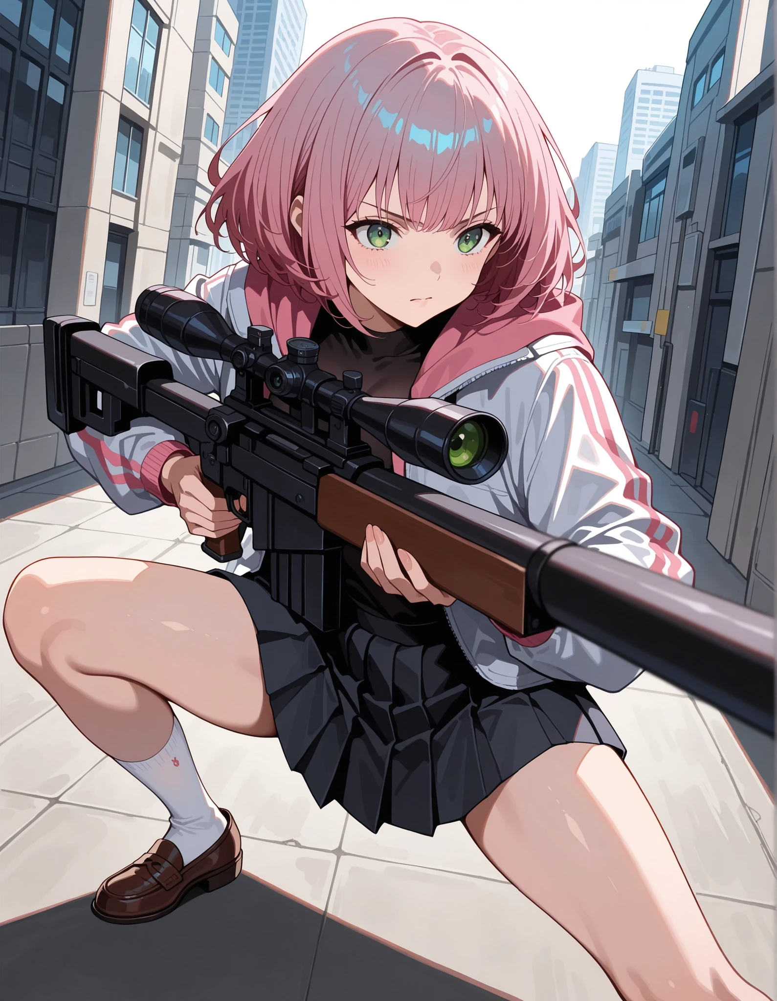 score_9,score_8_up,score_7_up, 1girl, 17 years old, beautiful woman, beautiful face
BREAK
A girl with a serious expression has (short, pink-bobbed hair: 1.4), green eyes, and is wearing a light jacket over a dark top. She is dressed in a dark grey pleated miniskirt, ankle-high white socks, and brown loafers. With minimal accessories, she stands in a pose, aiming a scoped sniper rifle and maintaining a focused gaze. Her smooth skin contrasts with the urban rooftop background filled with buildings. The scene is set during the daytime, with shadows cast to her left, creating a tense atmosphere. The front view angle provides a sharp focus with a noticeable depth of field, and the lighting is well-exposed, ensuring that no motion blur is present.,