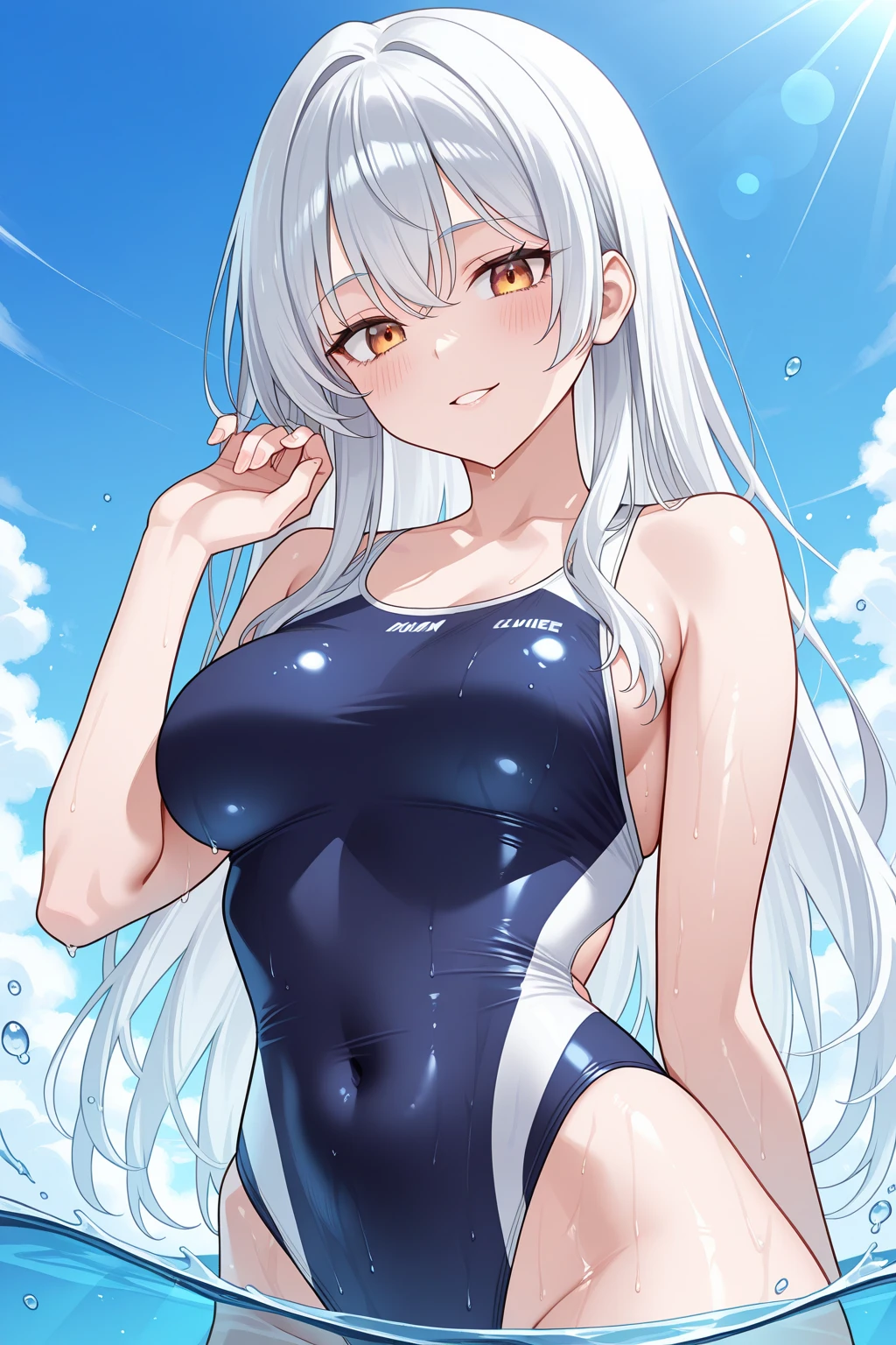 elaina (majo no tabitabi),white hair, long hair, Crested, hair between eyes,purple eyes,blush,((beach, sky,tree)),beautiful eyes.1 female ,((masterpiece))、((top-quality))、(high resolution)).alone, (((big breasts:1.5))).2One Arms,blush.shame.20 years old.((steam:1.1)),(wet:1.5),(sweat:1.5).smile.(((cameltoe))).arn670w.(Blue school swimsuit).(School).(((sit by the table))).