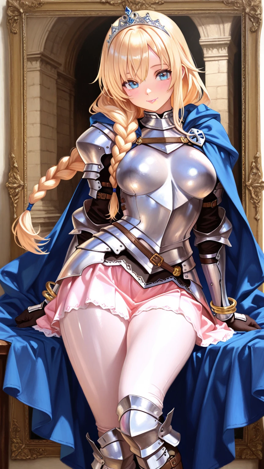 Highest quality, masterpiece, Intricate details, One woman, Age 25, Mature Woman, Cinematic lighting、Female Warrior Paladin、Platinum armor with beautiful and delicate floral embroidery.、Severely Damaged Armor:1.5、Low-rise skirt、Polka dot micro panties:1.5, slim、sweaty skin, squatting:1.2, legs spread:1.4,  imprisoned in prison、Chained、Angry face、Sweaty、blush、whole body、Eyes from below、