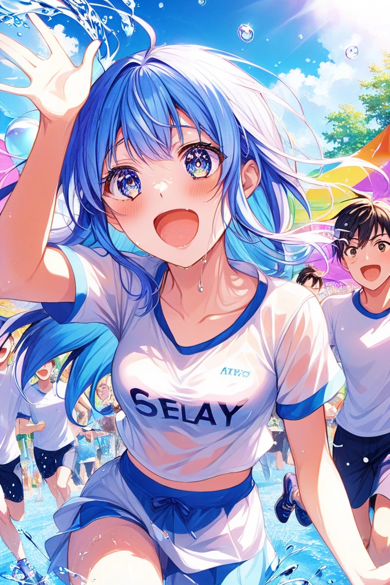 Matsuura kanan love live, long hair, blue hair, purple eyes, gym bra, bike shorts, standing, puffy crotch , skindentation , realistic art style , energetic smile,in street, lake in background, multiple boys, taking picture with boys 