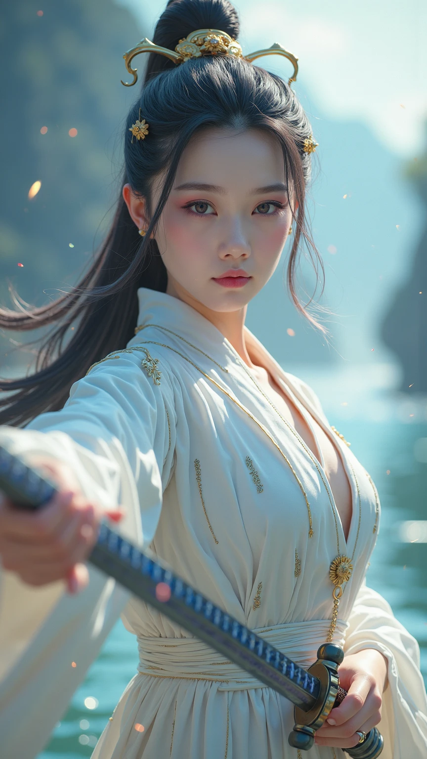(Raw photo:1.2), (Photorealistic), Beautiful detailed girl, Very detailed eyes and face, Beautiful detailed eyes, Huge file size, High resolution, Very detailed, Best Quality, [masutepiece:1.6], Illustration, Very detailed, Fine detail, Best Quality, 8K Wallpaper, Movie Lighting,15-year-old female student, Female Swordsman, ponytail dark hair, White kimono with open chest, The chest of her kimono is wide open and her white bra is visible.,  Legendary sword, See-through kimono, serious facial expression, Slim body, Young Face, Smaller chest, Immature body,Inside the foggy battlefield, Big sword, Attacked by a flying monster
