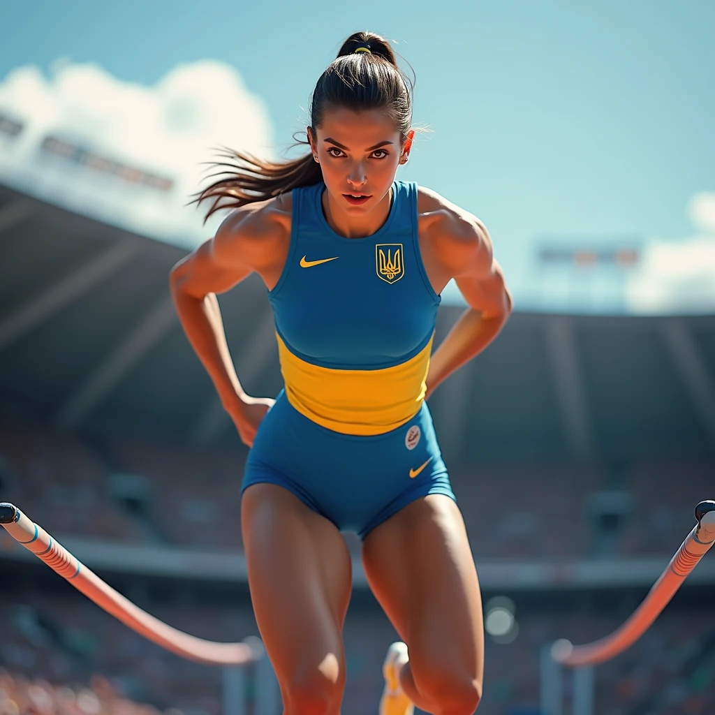 Shooting pentathlon Olympic games with blurring and passing through the Olympic rings