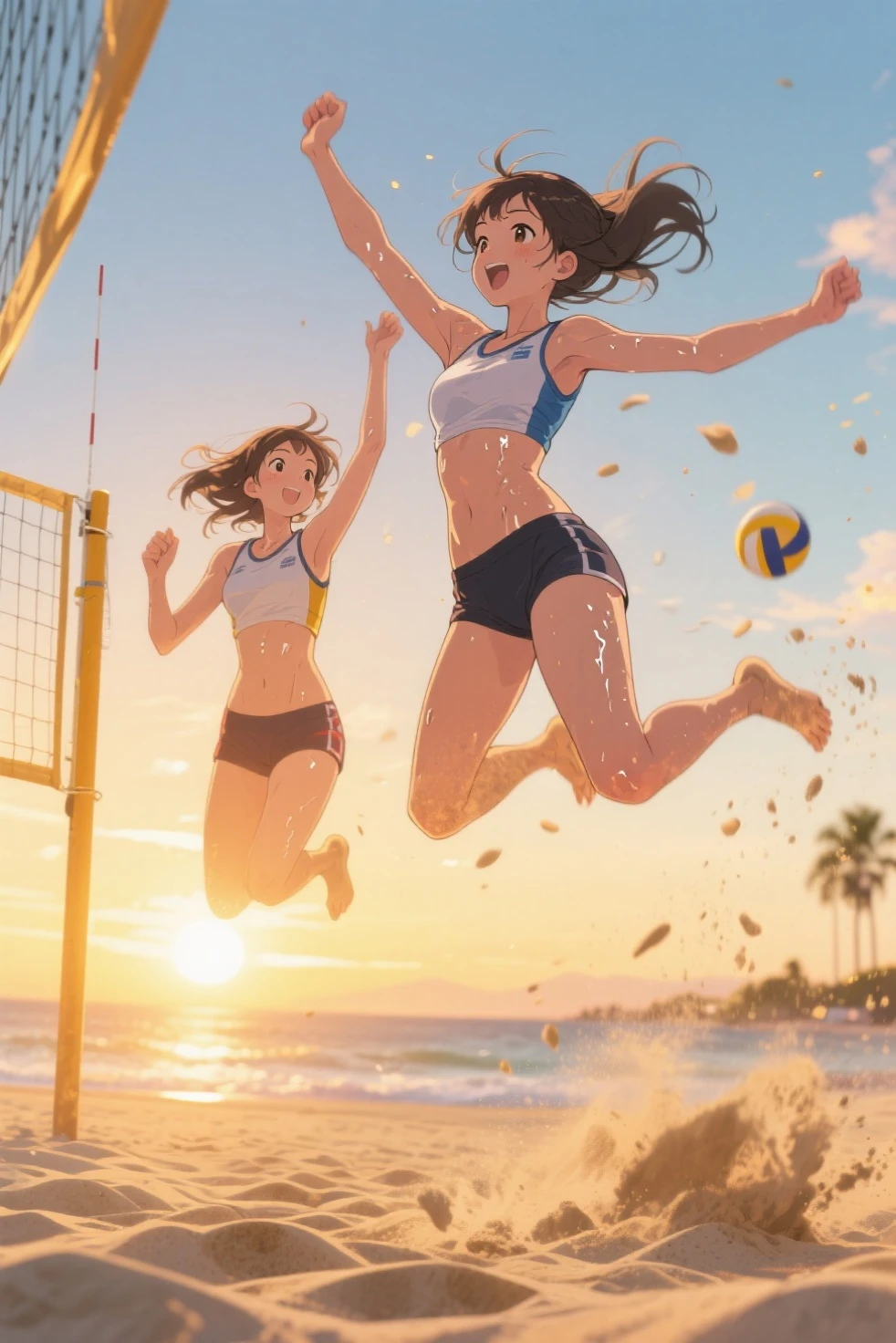 anime characters playing Beach Volleyball on the beach with a blue sky background, Sandy Beach,Beach volleyball tournament,The frontmost net, tv tokyo 2010s anime series, Beach Volleyball, Official anime stills, Kyoto Animation still, Triangle Complex Anime Images, Today&#39;s featured anime is still, Nagatoro, in style of Kyoto Animation, Casciato, From the TV anime, Kyoto Animation,Two beauties,Detailed Description,View here,Serious,decision,Strong-willed,
Perfect face and body,Detailed face,Perfect Anatomy,Beautiful Face,
masterpiece,Highest quality,8K,High resolution,Raw photo,Professional,
Award-winning,Browsing Caution,
Cinematic lighting,Natural lighting,
Eye level,Front shot,
Medium Shot,
Physically Based Rendering,
Thin contours,

