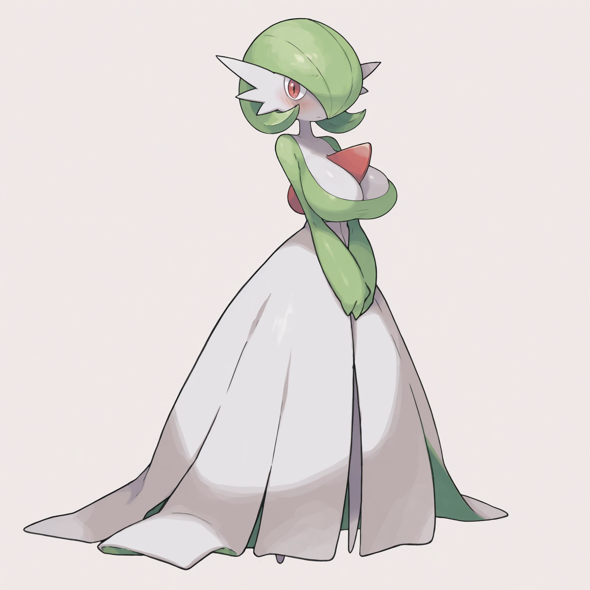 masterpiece, ultra-HD, impressionism, high detail, best quality, very aesthetic, 8k, best quality, beautiful, sugimori ken, Gardevoir, 1girl, solo, white skin, green hair, short hair, red eyes, white dress, pokemon (creature), green sleeves, huge breasts, slim, blushed, shy, cute, standing, full body, looking at viewer, simple background, front view