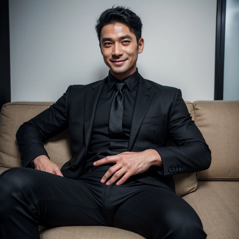 Asian man,27years,hot frat guy wearing a suit, open shirt, black suit jacket, black suit pants, showing off his body, defined abs and defined pecs, smirking,  ultra realistic, shot with cinematic camera, high quality photography,, flash with softbox, 4k, Canon EOS R3, hdr, smooth, sharp focus, high resolution, award winning photo, 80mm, f2.8, bokeh, masterpiece realistic, best high quality,Real-life Photorealism, Raw Portrait Photography , There are abs, Differential crushing cap, rough breath, Black hair, Messy hair, modern, hyper HD, Masterpiece, curate, This photorealistic portrait combines the style of National Geographic., Capture every detail of his textured skin in 8k resolution. Leica digital SLR. (8K UHD、RAW Photography、Photorealistic Portrait Leica Digital SLR、Lifelike images)  (Crawling on All Fours, Kneeling), on a bed, 