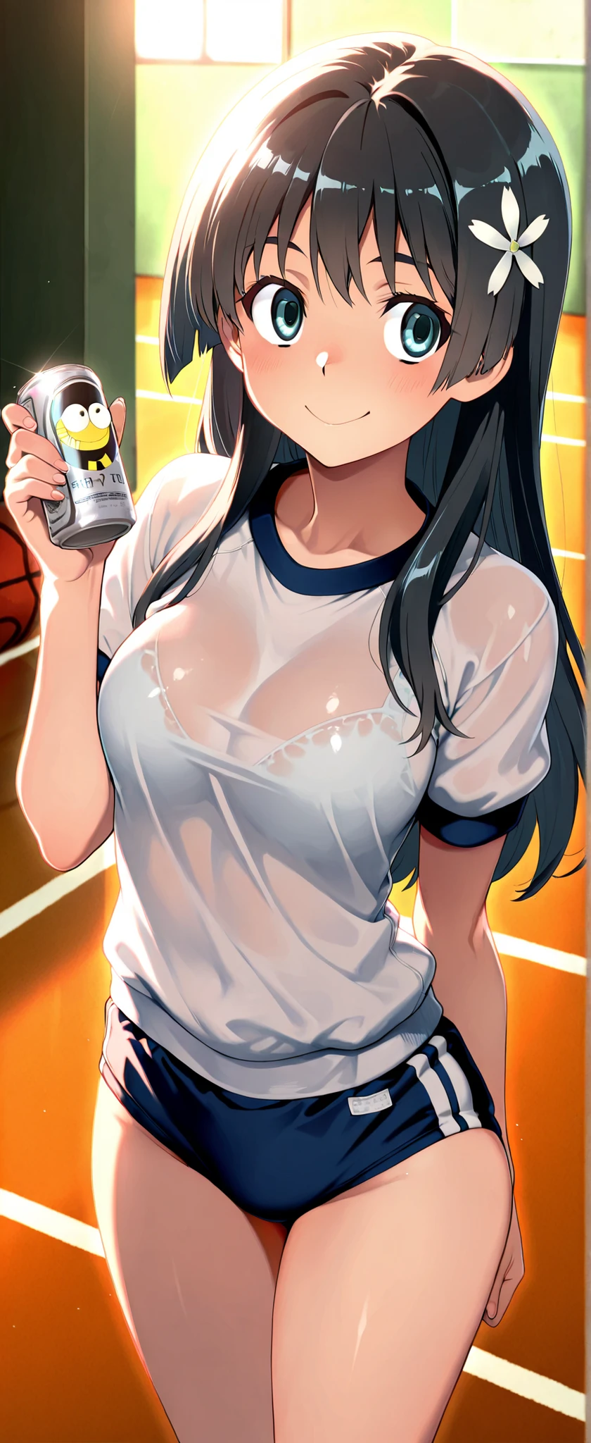 hot, sweating, sweaty, slight tan, big boobs, tan skin, black hair, ponytail, flustered, blush, in arcade, playing arcade games, playing dancing game, dancing, arcade, at the arcade, skirt, casual wear