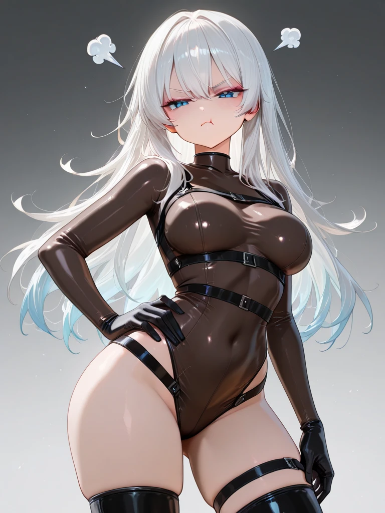 female, blonde long hair in ponytail, blue eyes, (((1girl))), (((white and black leather dominatrix outfit))), (white and black bra), (white and black panties), (white fingerless opera gloves), (black thigh high heeled boots), cute and sexy, modest breasts, modest butt, full body, long legs, smiling