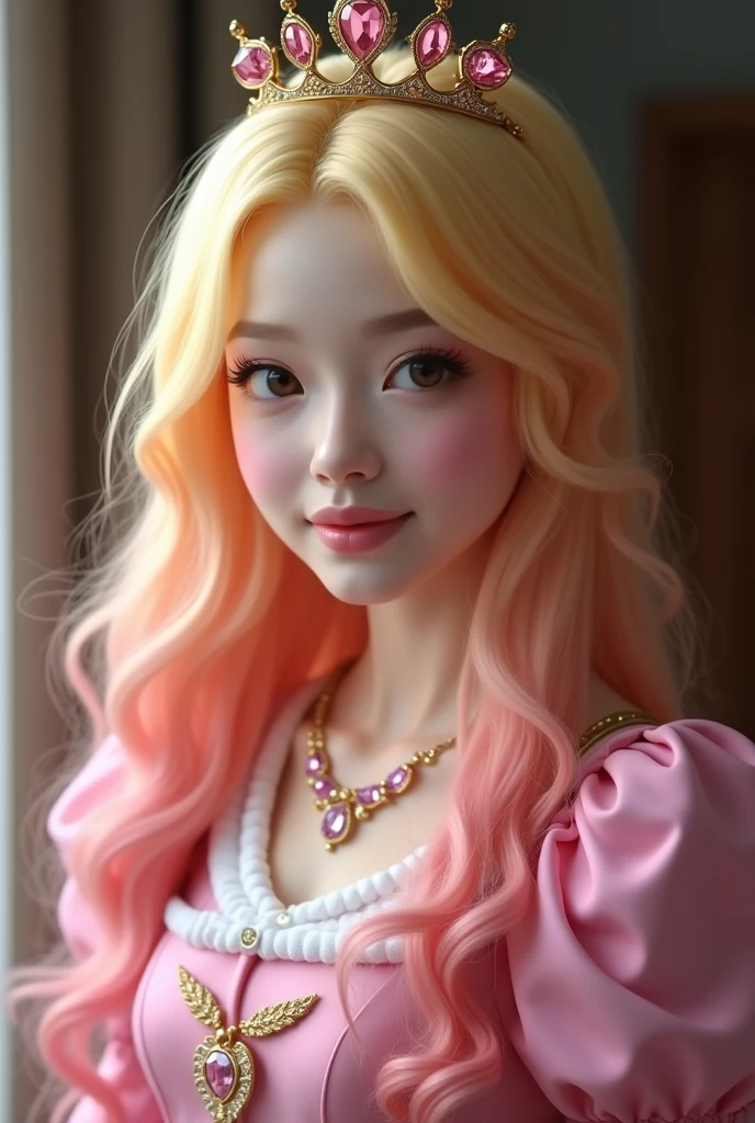 Barbie pink beautiful Chinese young girl dress ,A refined Asian face, Smile, Barbie Girl,Long straight blonde hair::2,Wearing a crown ,Zoe Nwa Village Barbie makeup, Beautiful Kotak style, Light magenta background::2, Solid Backgroud ,Beige, Charles Spencerle, kpop, celebrity image mashups, webcam photography, Cartoon-style pop music , master level work, high high quality, A high resolution, 4K