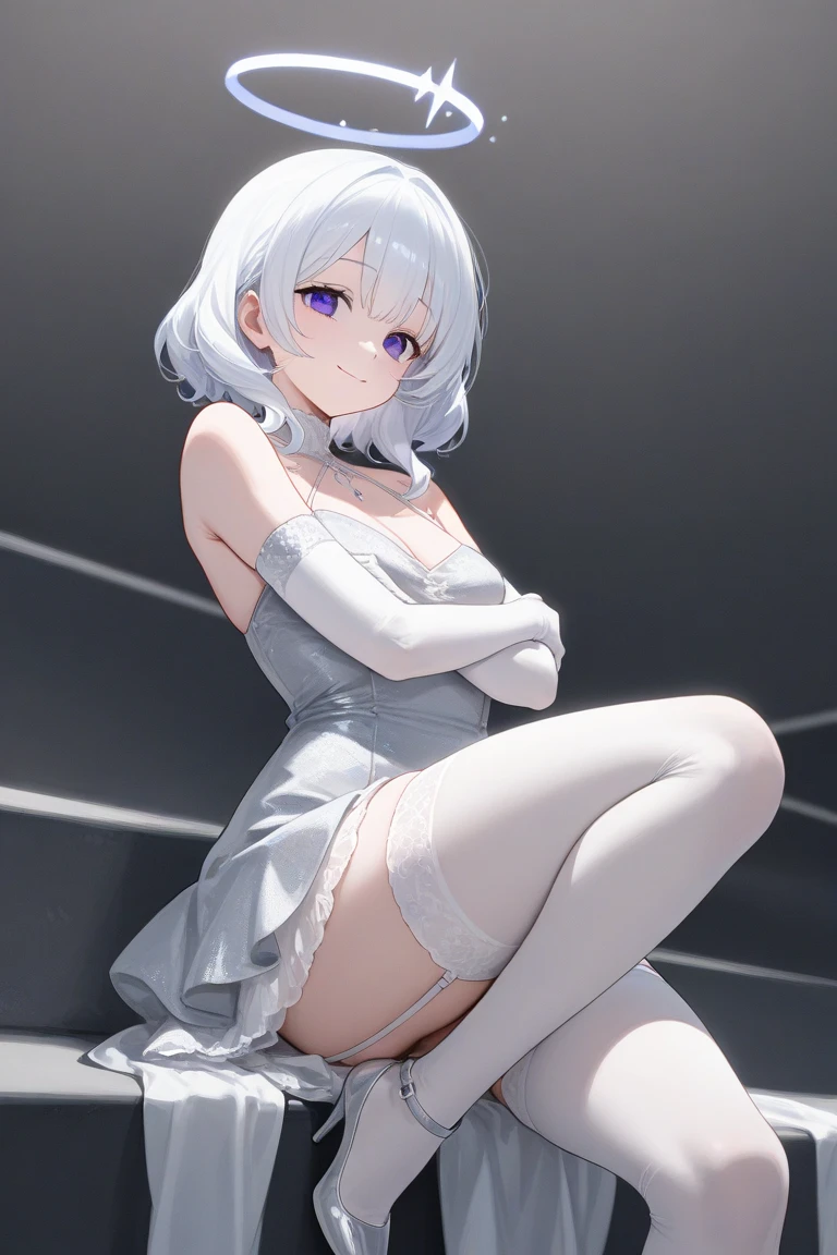 (masterpiece, best quality, detailed), 1girl, solo, looking at viewer, caenis, animal ears, (dark skin, dark-skinned female:1.4), large breasts, long hair, hair intakes, hairband,
bride, wedding dress, bridal veil, strapless dress, elbow gloves, pearl necklace, layered dress, cherry blossoms, petals, outdoors, tree, sky, wind, arm on knee, cameltoe, head rest, knees together feet apart, panties, sitting, stairs, upskirt, smile, parted lips, happy, seductive smile