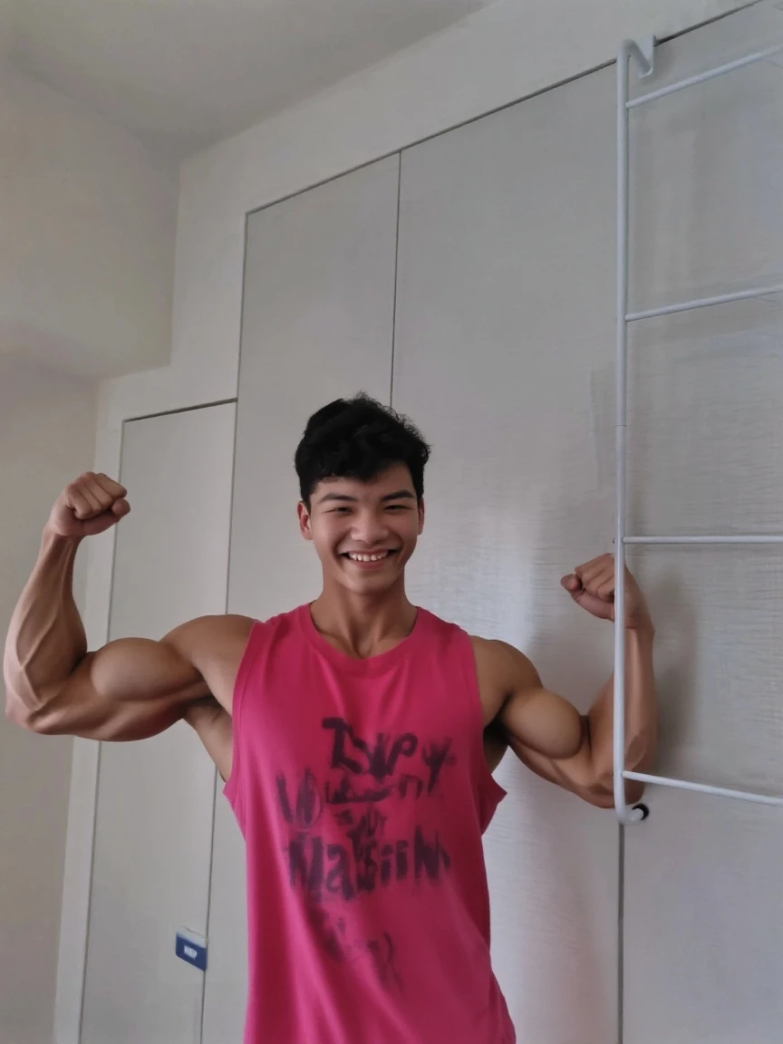 Japanese men、14 years old、Muscles and smooth skin、Very short black hair、A relaxed and friendly smile、Vivid colored thin boxer briefs、The whole body is well visible、Fist pump in the bathroom、Laughing with mouth open、Sitting