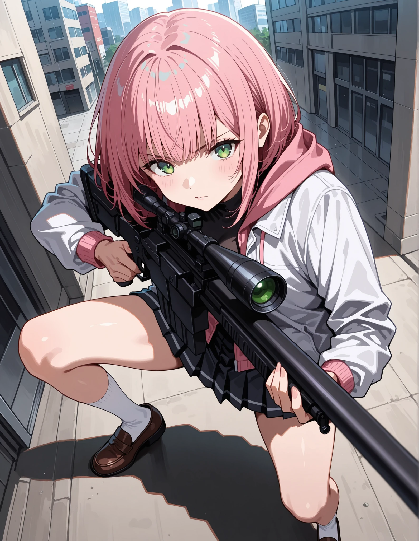 score_9,score_8_up,score_7_up, 1girl, 17 years old, beautiful woman, beautiful face
BREAK
A girl with a serious expression has (short, pink-bobbed hair: 1.4), green eyes, and is wearing a light jacket over a dark top. She is dressed in a dark grey pleated miniskirt, ankle-high white socks, and brown loafers. With minimal accessories, she stands in a pose, aiming a scoped sniper rifle and maintaining a focused gaze. Her smooth skin contrasts with the urban rooftop background filled with buildings. The scene is set during the daytime, with shadows cast to her left, creating a tense atmosphere. The front view angle provides a sharp focus with a noticeable depth of field, and the lighting is well-exposed, ensuring that no motion blur is present.,
