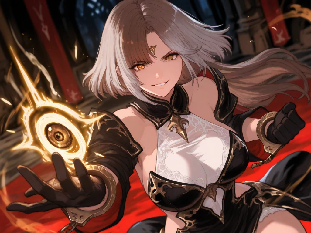 1girl, bare shoulders, black mask, blonde hair, blue eyes, cleavage, collarbone, dress, elbow gloves, fur trim, gloves, large breasts, long hair, looking at viewer, mask, navel, one eye covered, pelvic curtain, signora \(genshin impact\), smile, solo,(masterpiece:1.4),(best quality:1.4),(shiny skin),red lips,mature female, (detailed face and eyes), (Masterpiece, best quality), (highly detailed photo:1.1) <lora:signoraGenshinImpact_v25:1>