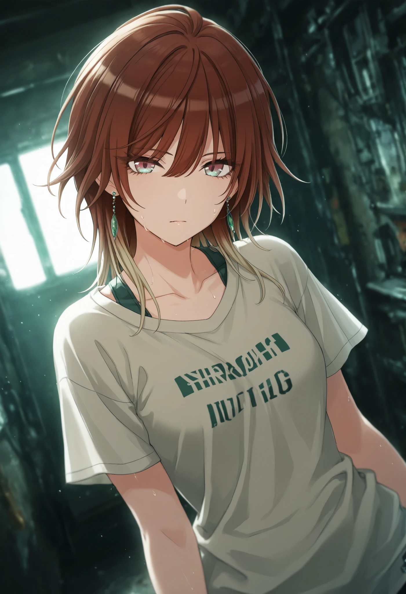 masterpiece,best quality, good quality, ,,indoors, dark,((cinematic light)) shanimas, source_anime, aketa mikoto ,solo ,brown hair ,medium hair ,blonde hair ,multicolored hair ,brown eyes ,green blue eyes ,multicolored eyes ,tsurime, 1girl, , looking at viewer, ahoge, , green earrings, ((gray sweat T shirt)), , (small breast), (slim arms), , from ,head toward viewer, wind lift, dutch angle,(head toward viewer), ,