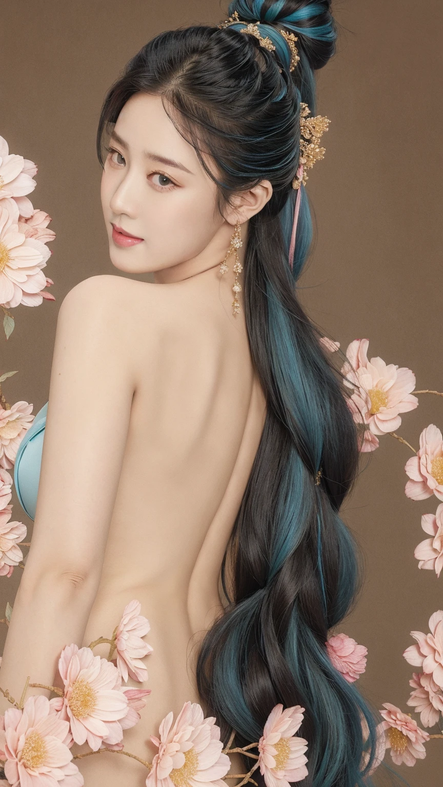highly detailed, 8K, masterpiece, 1 girl, blue pink_hair, nude, Smile, (perfect_Face), boundary, close up, crazy, exist_Back, Gorgeous, complicated, Dramatic Lighting, 4K, detailed_Background, Caustics, full_Body,