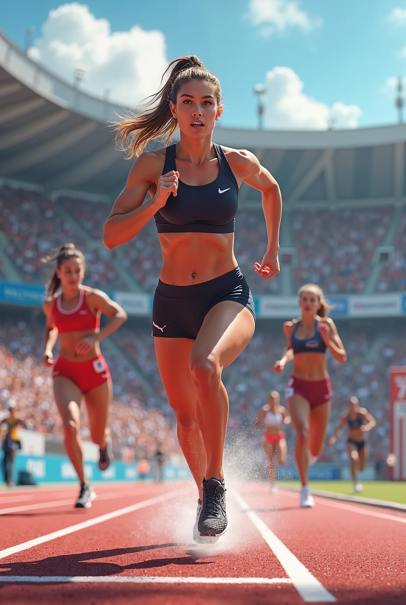 1girl, sports photography, The athlete runs on the track, dynamic sports action, high energy, athlete in motion, dramatic lighting, high contrast, vivid colors, cinematic composition, extreme detail, (4k, 8k, highres:1.2), ultra-detailed, HDR, UHD, studio lighting, ultra-fine painting, sharp focus, physically-based rendering, extreme detail description, professional, vivid colors, bokeh, masterpiece, best quality, very aesthetic, absurdres