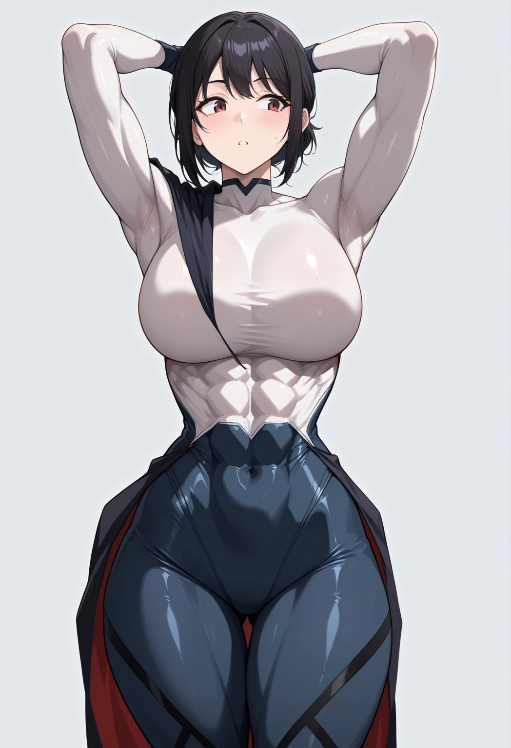 Black hair, short hair, red eyes, glasses, muscular, small boobs, detailed eyes, deep eyes, muscular arms, bob cut, maid costume, topless, boobs, nipples , beautiful eyes, detailed pupils, maid, face close up, fit girl, athletic, muscular shoulders, big butt, big ass, mature women, mature face, vagina
