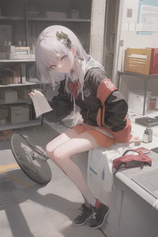 young girl, short gray hair, red-eyes, white tanktop, Upskirt, ssmile, backpack, stocklings, Masterpiece, hiquality