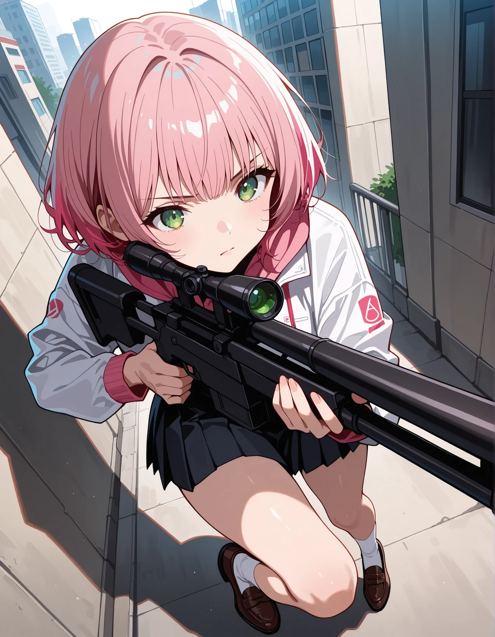 score_9,score_8_up,score_7_up, 1girl, 17 years old, beautiful woman, beautiful face
BREAK
A girl with a serious expression has (short, pink-bobbed hair: 1.4), green eyes, and is wearing a light jacket over a dark top. She is dressed in a dark grey pleated miniskirt, ankle-high white socks, and brown loafers. With minimal accessories, she stands in a pose, aiming a scoped sniper rifle and maintaining a focused gaze. Her smooth skin contrasts with the urban rooftop background filled with buildings. The scene is set during the daytime, with shadows cast to her left, creating a tense atmosphere. The front view angle provides a sharp focus with a noticeable depth of field, and the lighting is well-exposed, ensuring that no motion blur is present.,