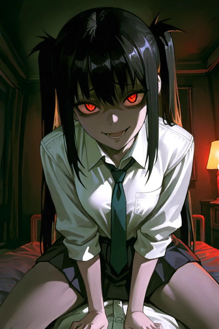 juri han, work of art, tight white secretary shirt with black tie, black high waist skirt, short skirt,stocking, black hair, black tightscary sun,office,bangs on the eyes,lighting,horn of hair,view from above,staring overhead,evil smile