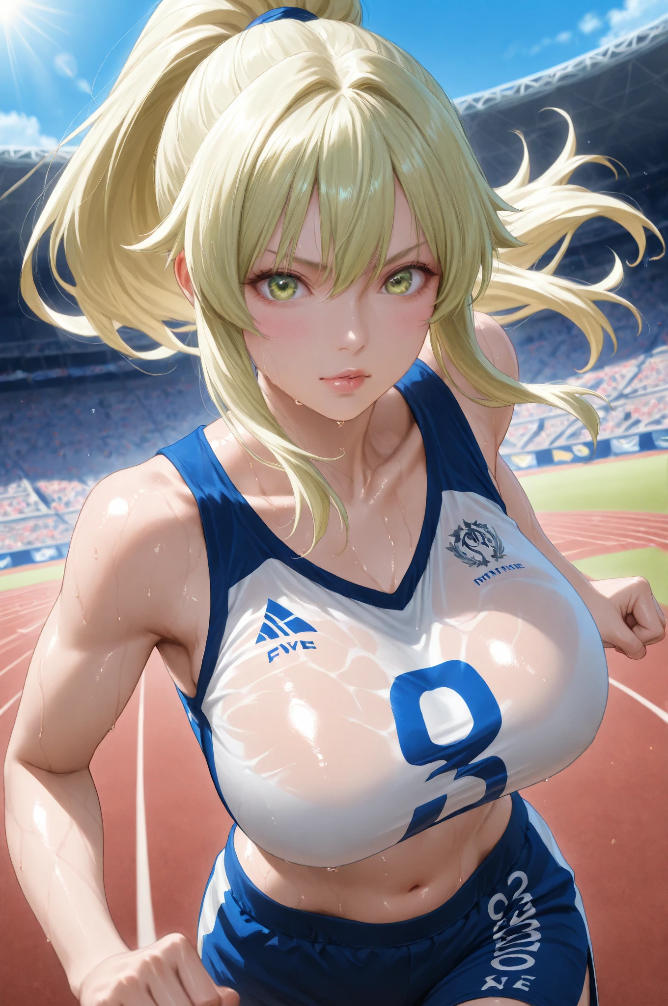 1girll,Single horsetail,long whitr hair,Track and field wear,In the stadium,Childlike big breasts,Sprint race,Soft breasts,Heavy breasts,full of sweat,Fair skin,Get wet,Extremely large breasts