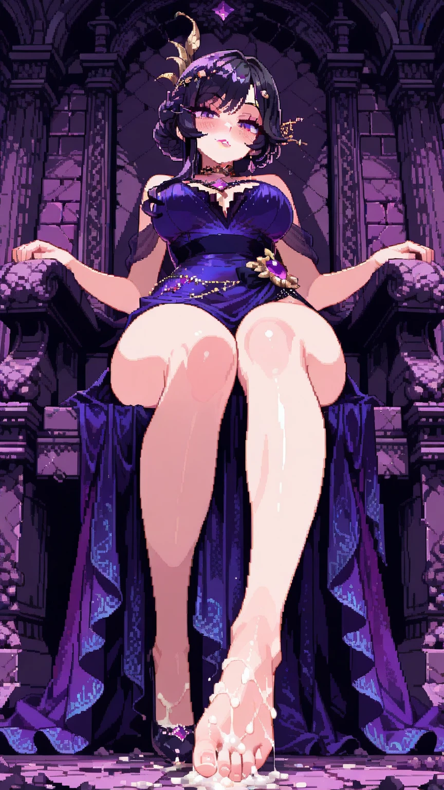 Kizi, wearing a plain purple and black robe, sleeveless, neckleace, sample thighs, platform jumps, she is sitting on a chair with her legs crossed showing her thighs, long white hair, gold eyes, steep nose, (((thick coxas, Broad Hips, BIG ASS)))