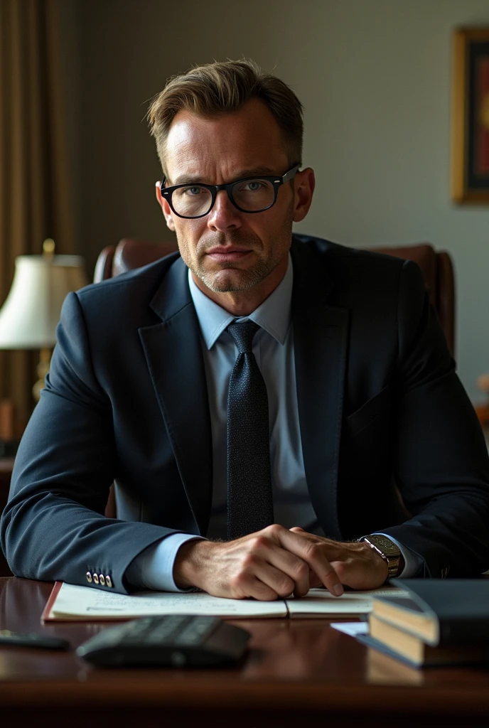 masterpiece, ultra-high quality computer graphics, Best quality, perfect image, one man, In trousers, blond, spectacled, sitting at an office desk, he's tired, doesn't look at me