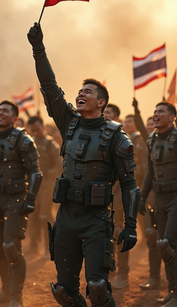 Close-up of a beautiful male soldier, half human, half machine, their faces partially obscured by military helmets. Their eyes are filled with hapiness and longing. The background is a trail of blood and violence. He wears a mechanized robot armor, carved with animal elements, human skulls. The sky is filled with swirling, fiery clouds. The photo conveys a strong sense of the warrior's appearance, ((smiling))