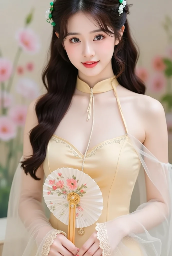 girl xinh: Asia, siêu dễ thương;
age: from 18-20 years old;
hair: copper orange color, smooth, lung linh dưới sunlight, detail;
skin: milk white, rosy and flawless;
eye: jet black, almond shaped, sexy, youthful, trong veo, siêu detail, elegant, charming, sharp makeup, true, attract viewers;
mí eye: delicate, delicate, Perfect Beauty;
eyebrow: cong, dear, high solution;
Face: beautiful, pure, like a fairy, Gentle makeup, lovely, Perfect balance, đẹp đến từng detail;
nose: xinh, lovely, cao;
cheekbone: prominent;
lip: charming, light red lipstick, son bóng lovely;
răng: illustrious, Lily-white;
Charming smile, showing white teeth;
ngực: full, deep slits, ((toning)), khít clothing ngực, pointed nipples;
clothing ngực: Red tươi, gold embroidery, metallic luster, silver mesh;
underwear: threaded, ((Red)), metal rim, tight;
Body shape: full, charming, full of youth;
accessory: ruby necklace, bông tai ruby, xăm;
clothing: silk fabric, White, piercing;
dress: tight, mỏng piercing, floral embroidery, hở nội y;
Fashion style: high class female, Modern 2024, luxurious;
Image quality: non-NSFW, 8K CG HD, high solution, Super nice graphics, professional, detail, colourful, ultrafine, advanced techniques, RAW true;
light: luxurious, complex color combinations, black gold rays;
sunlight: twinkle, illuminate the girl's body;
Wallpaper: brilliant flower garden, light chói chang;