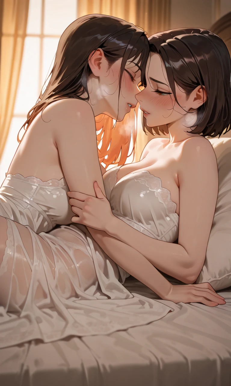 master-piece,hyper quality,hyper detailed,perfect drawing,two beautiful girls, lovers, staring at each other, hugging each other's breasts as if pressing, dodging kisses, french kiss, closing eyes, ajar lips, sucking lips strongly, drooling (1.5), hands on crotch, white sexy lingerie, See-through lingerie (1.5), moisturized eyes, sweat, leaking pee, steam rising from the crotch, wet underwear (1.5), wet and sticky crotch, convulsions, blush (0.2), sensual, seductive, ecstatic, seductive, sexual, passionate, indulgent, open, forward-light, shot from the front diagonally below, stage, round bed, theater,