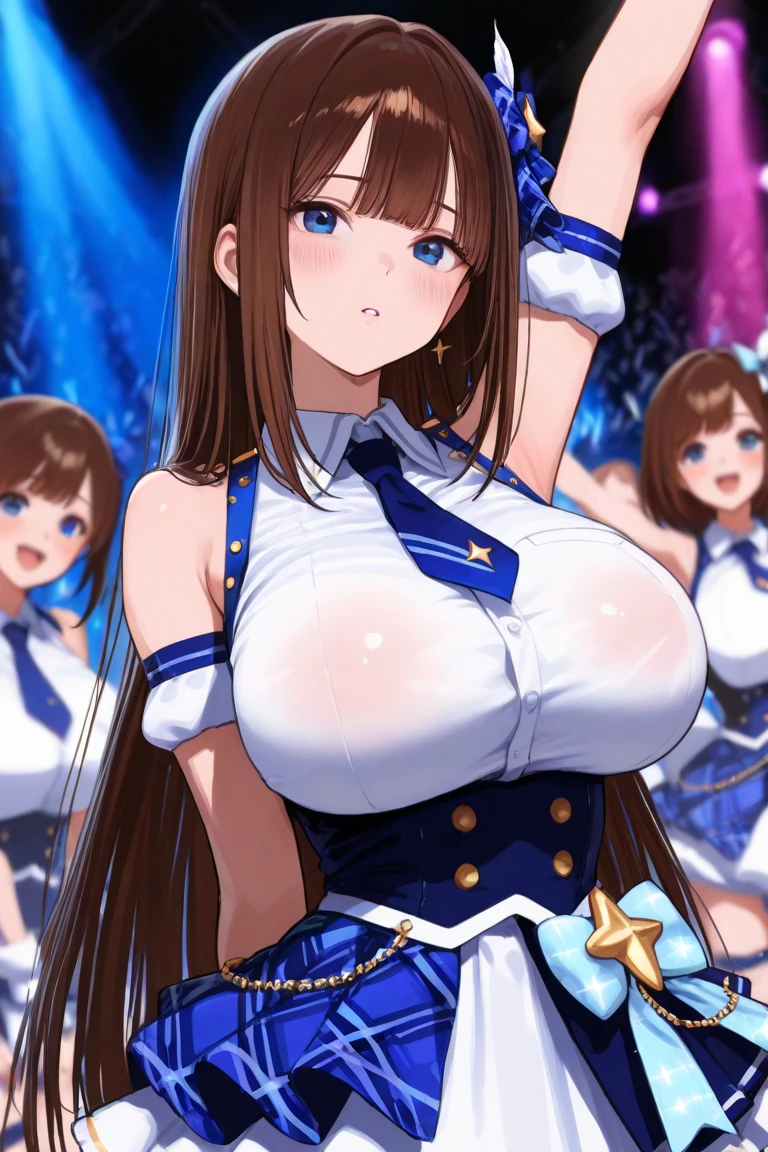 Her hair is tied up and placed over her shoulders in front of her chest brown hair, hair ornament, hair scrunchie, brown eyes, bow, bangs, hair bow ,, large breasts, live stage, solo