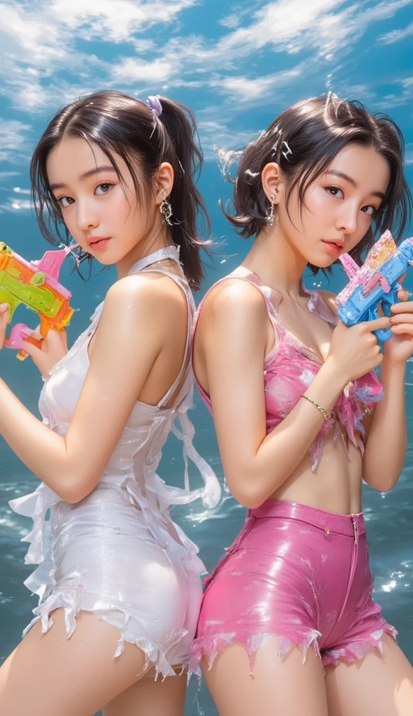 ((masterpiece)), (High detail, high quality, Best image quality), Depth of written boundary, Portraiture, Open Stance, (Cute illustrations:1.5), (Five non-virgin late teenage girls:1.9), (Poolside), (Various hair colors and different hairstyles:1.7), (Slimmer style), (Short legs), (They're all equally short:1.8), (Good balance of height:1.5), (Several girls of short stature:1.9), (double eyelid:1.8), Dawn, Beautiful light, (null), Professional Lighting, (Small breasts), Normal milk, (Black brown areola:1.3), (Small areola:1.4), (Colorful multicolored swimsuits:1.8), ((Low V-neck swimsuit that reaches down to the waistline:1.9, High leg cut swimsuit:1.9, Slingshot swimwear:1.9)), (Extremely revealing swimsuit:1.5), (null気のように乳首と乳輪まで透き通って見える水着:2.0), (Cute girl with a round face:1.5), (A girl as cute as a Japanese idol), sexy, Dynamic pose, (smile), Dynamic Angle, Underarm
