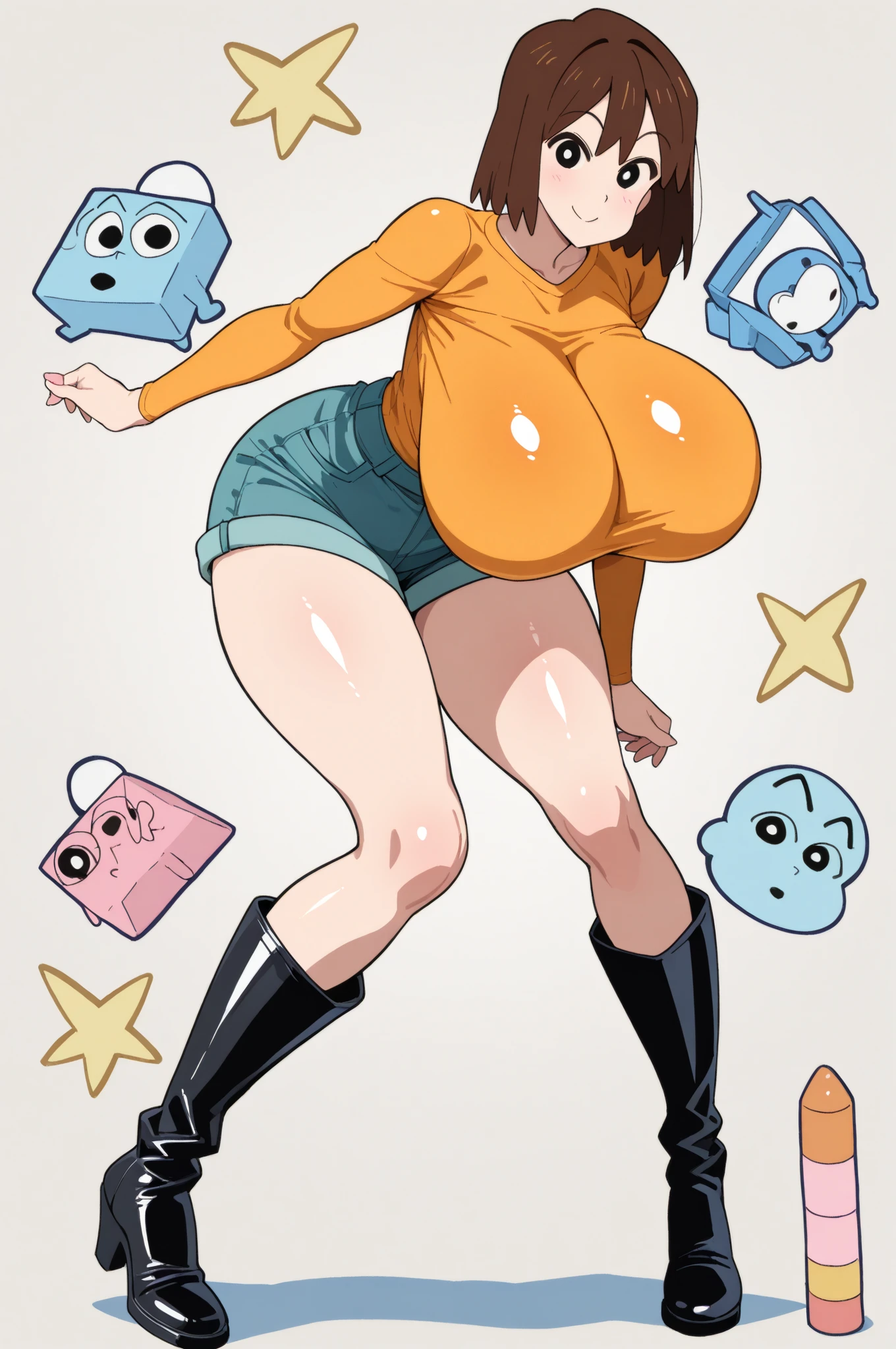 Upper body portrait, Living Inflatable sex doll, Floating, (tomie, hairband, blunt bangs, (mole under eye:0.7) extra long and thick luxurious hair with cerise highlights), freckled skin, huge breasts, (wearing massive blue and yellow college bomber jacket with tight anime logo t-shirt and mauve plaid miniskirt), (knee high socks), smiling and seductive, (blowing a gigantic bubblegum bubble from the front her lips), (indoor neon lit arcade with arcade cabinets), ((bodybuilder)), erection, ((futanari Huge dick)) underneath skirt, lips blowing bubblegum!!