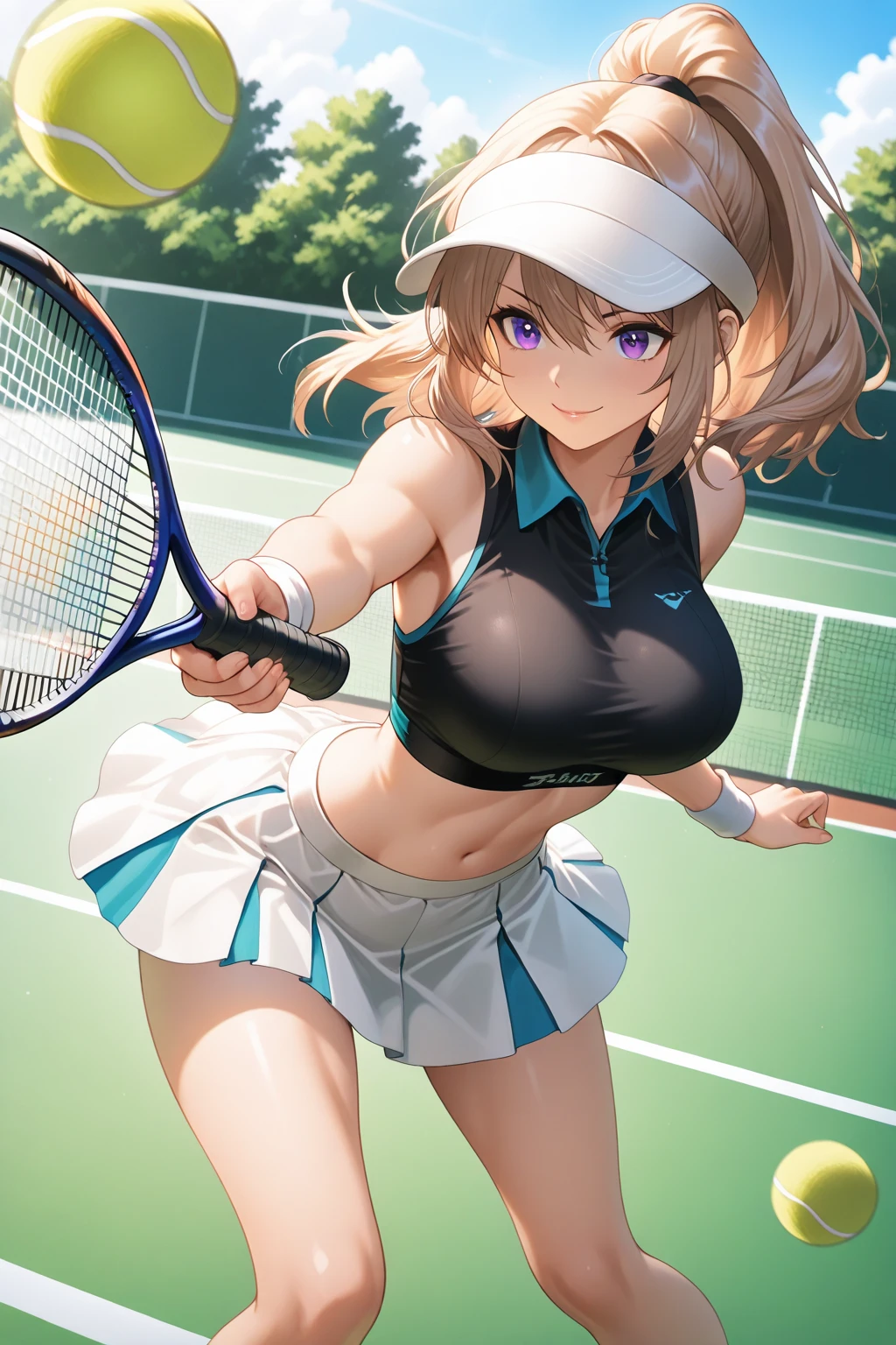 (masterpiece、Highest quality、))、beautiful detailed eyes 、ultra-detailed、 , Gray Hair、Ahoge、Long Hair, Blue eyes、ponytail 、big breasts、blurry background、bashful、pinup, play tennis, (swing tennis racket:1.1), wear tennis uniform, in Tennis court, (moving:1.2), tennis ball, hit the ball with a racket, some players、Panty shot、windy,floating hair、floating skirt、open clothes、cleavage、spread legs、sweat,see-through,、stomach cutout,
