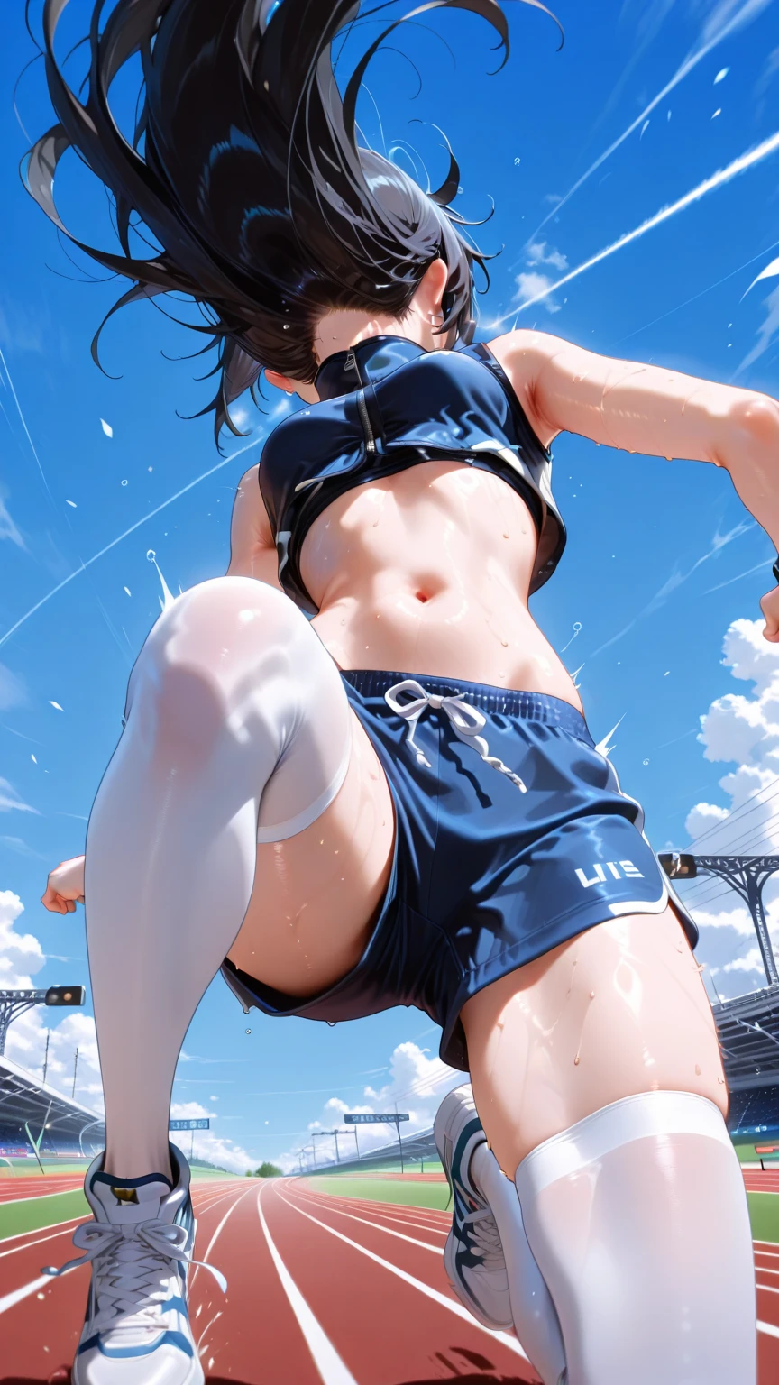 ({{high resolution,}},Masterpiece,ultra detailed,Best Quality,8k)cloud, sky, scenery, day, Blue_sky, mountain, cloudy_sky, outdoor, waterfall, Fancy, horizon, cliff, rock, water, landscape, mountainous_horizon, ocean, tree, River, floating_The same, beautiful woman, whole body, multicolor sportswear, dark blue hair, long hair, two arms, two legs, JUMPING, smiling.