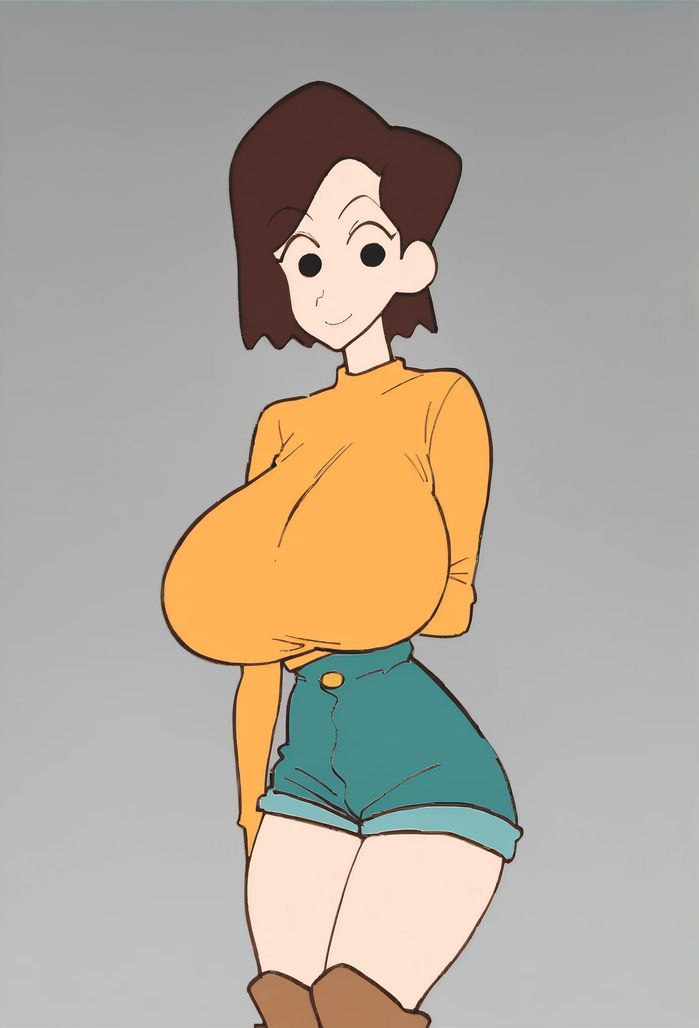 an adult woman, great construction, She has a robust and curvy build... your hips, stomach and bust are pronounced.., which gives you an hourglass figure, some wrinkles on the face.., short brown hair, yellow eyes, a mole on the cheek, closed smile, big breasts, Wide hips, wide stomach, thick thighs, huge beige sweater, blue wide jeans, full body view, alone, cream background, standing
