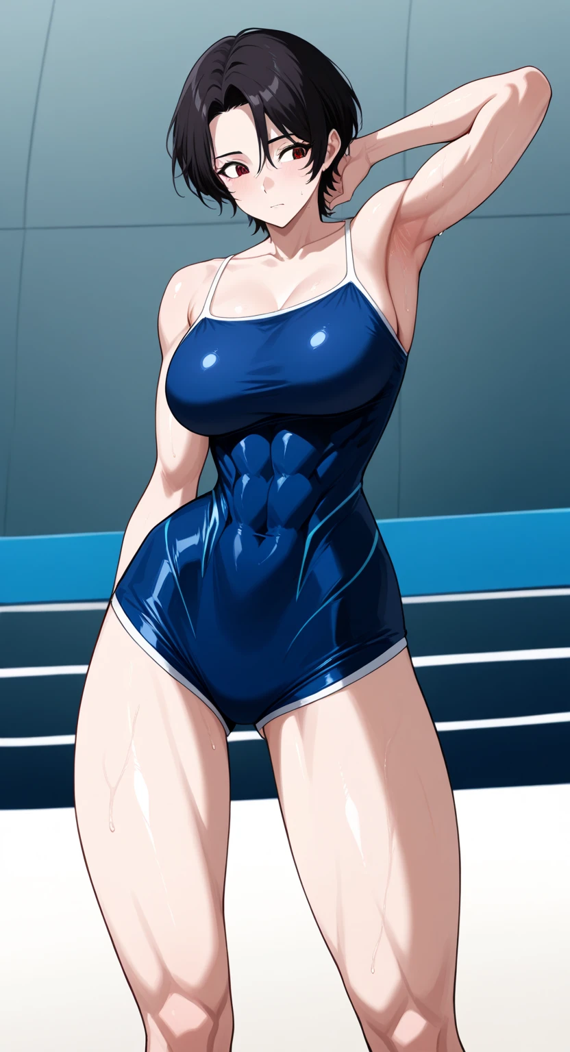 A beautiful woman with short hair, big breasts and beautiful legs is standing by the pool in a bright pink high-cut swimsuit with the arena logo on it, with her legs spread to the sides, blushing and her mouth open.。A middle-aged male teacher is staring at a beautiful woman。