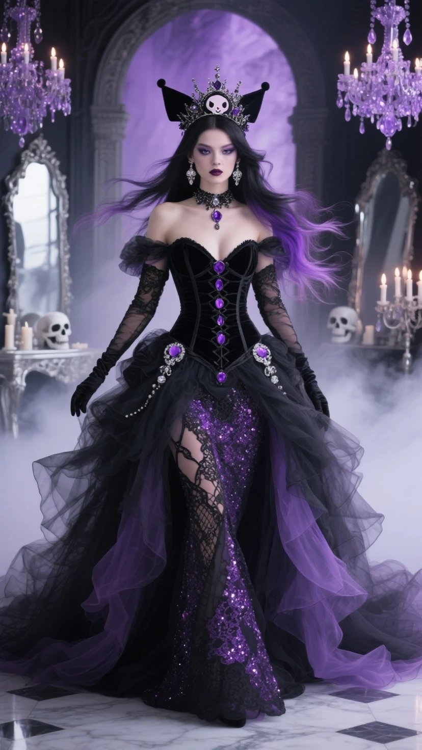 woman in black and purple dress, black hair purple tips, ((Ombré hair)), lace choker, (corset), jacket, leather gloves, ((frilled dress)), lace, heeled boots, stockings, ribbons, full body, smirk, hourglass figure, lone figure