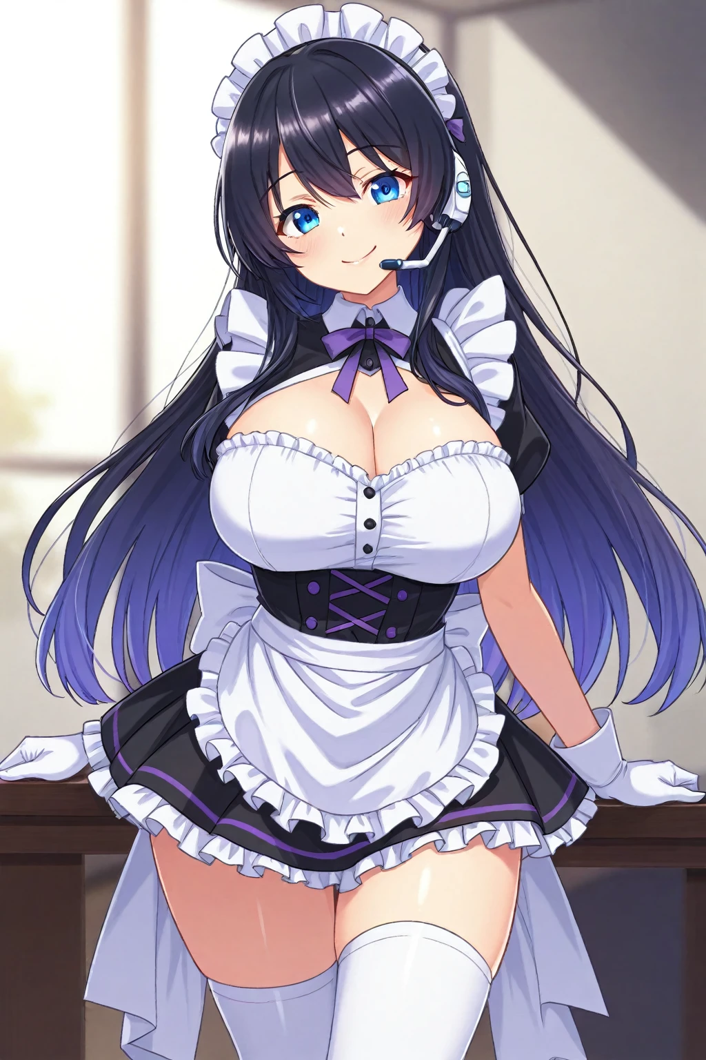 Maid, sexy body, big breasts, cleavage, big hip, stockings, garter belts, blushing, smiling, beautiful face, detailed face, detailed eyes, long black hair, blue eyes, full body, high quality, bedroom, showing vagina,