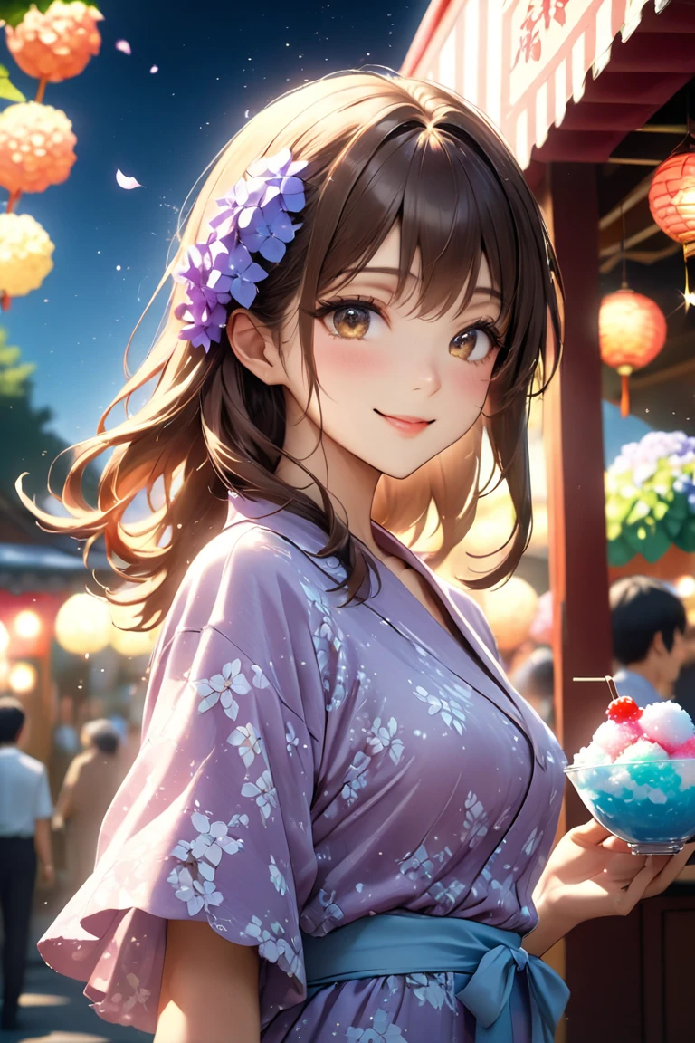 A girl with long brown hair licking a cotton candy on a summer festival night。Cute yukata designs(Light blue with yellow petal pattern)、Express your image with a cute pose。Time is night、She bows her head slightly and looks at me shyly, looking up.、Slim body、Same perspective、Walking side by side、Beautiful handcrafted detail