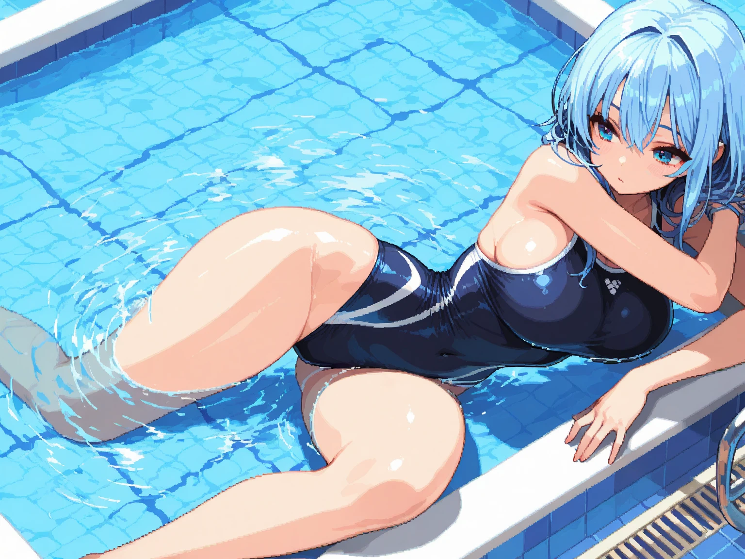 score_9, score_8_up, score_7_up, score_6_up, score_5_up, score_4_up, (source_anime), 1girl, neon genesis evangellion,( rei ayanami, small breasts, big Thighs, long nipples), far, full body, Swimming pool ,Revealing the breasts, Swimsuit, Wet, school, ass focus