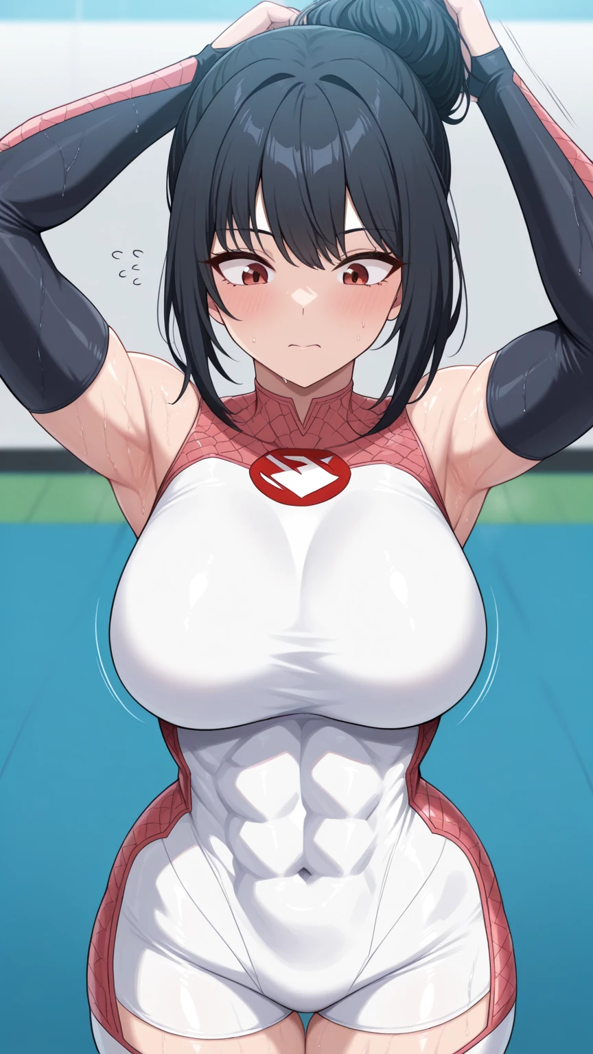 アニメ,Perfect Anatomy,Suguha Kirigaya,1female,crossed eyes,(rolling eyes),open mouth,(tongue out),(crying),(see through highleg leotard),((micro skirt)),short hair,large breasts,(slim body)