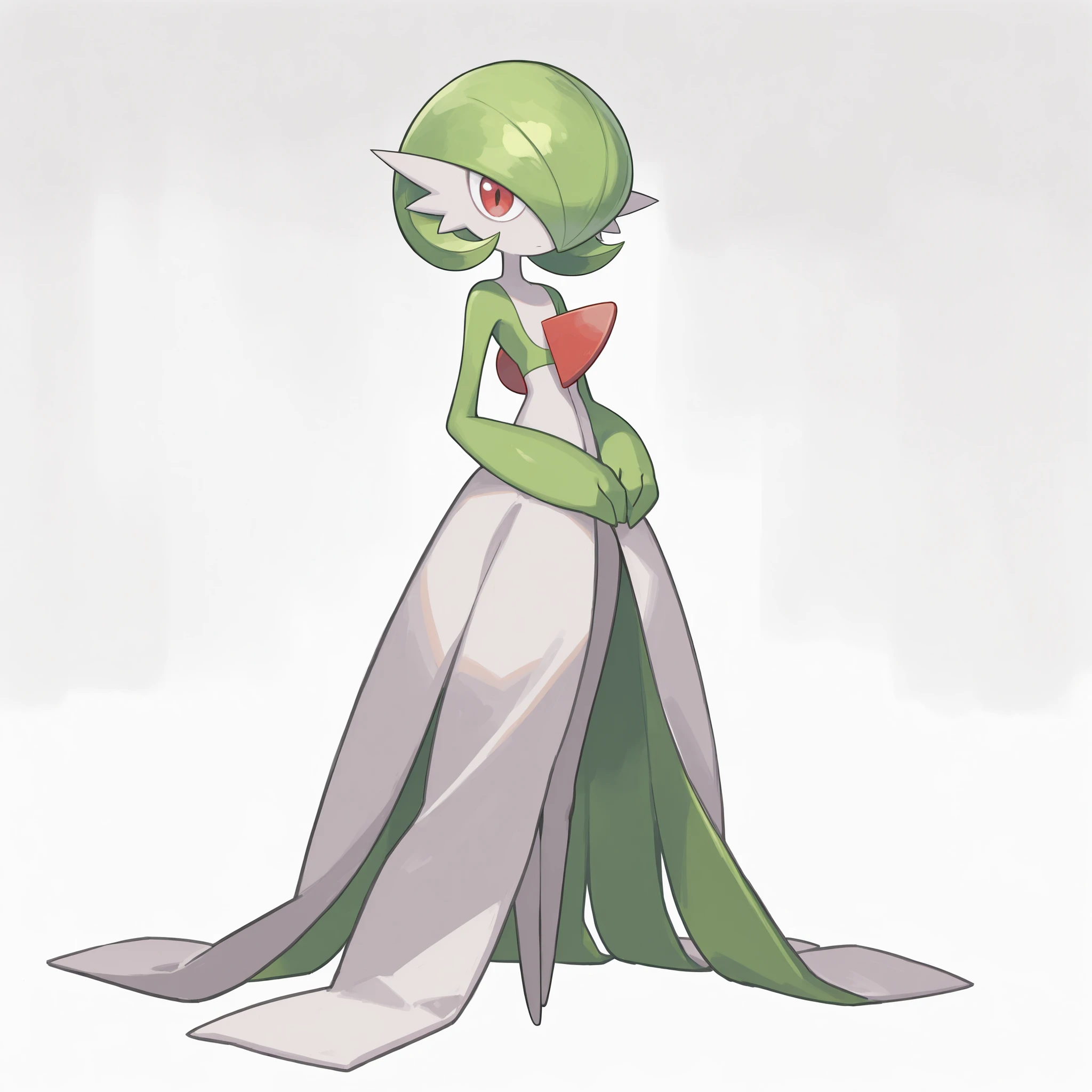 masterpiece, ultra-HD, impressionism, high detail, best quality, very aesthetic, 8k, best quality, beautiful, Gardevoir, 1girl, solo, white skin, green hair, short hair, red eyes, white dress, pokemon (creature), green sleeves, slim, serious, cute, hands on lap, standing, full body, looking at viewer, simple background, front view