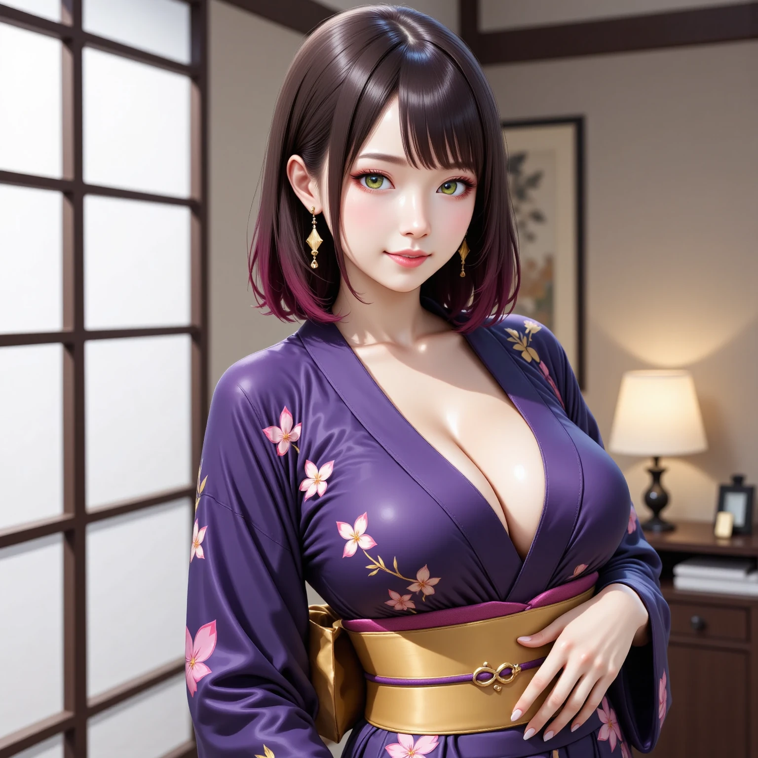 ((highest quality)), ((8k)), (detailed face), (highlight), female、Big breasts、bangs、black hair、Patterned kimono、