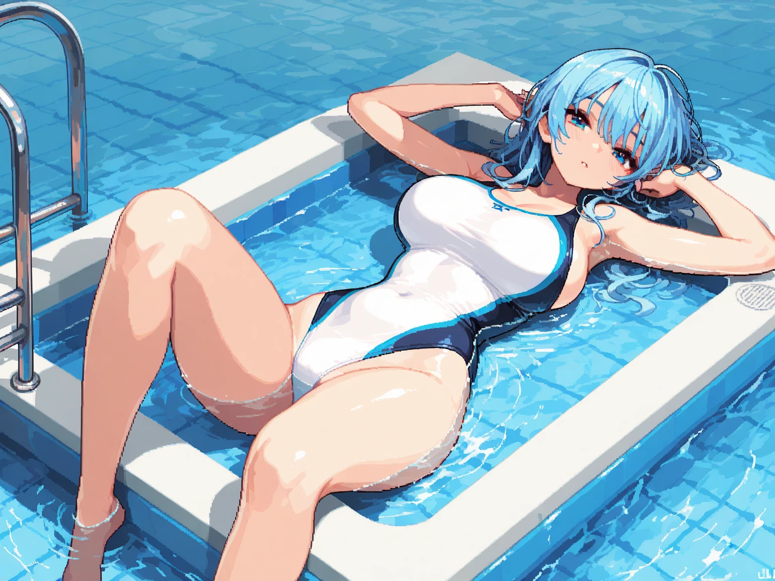 ((masterpiece)), ((best quality)), (ultra-detailed), ((kawaii)), cute, (lovely), ((sexy)), (ero), ((extremely detailed)), 4K, (8K), best quality, (beautiful), illustration, anime style, painting, dynamic angle, (Poses for erotic photo albums), full body, colorful, gradation, school, pool, daytime, summer, a little girl, child, solo, school swimwear, beautiful blue hair, ((beautiful eyes)), white-skinned, short hair, transparent hair, translucent hair, large breast, cool, blush, sparkling effect, glitter effect, lens flare, shiny-glistening, gleaming, wetted by water
