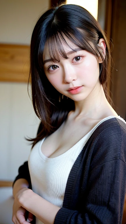 (8k), (highest quality: 1.2), (Realistic), (Realistic: 1.37), Ultra-high resolution, 1 girl, Head to knee photo、cute, smile, Mouth closed, Beautiful details, Beautiful Nose, whole body, Wet Hair, Giant Dulcefo, pork, , (Large Breasts)、Saggy breasts、Soft Breasts、Overflowing breasts、Knitted cardigans、隠しきれないLarge Breasts、Voluptuous thighs、Odd Eye、Heterochromia iridis