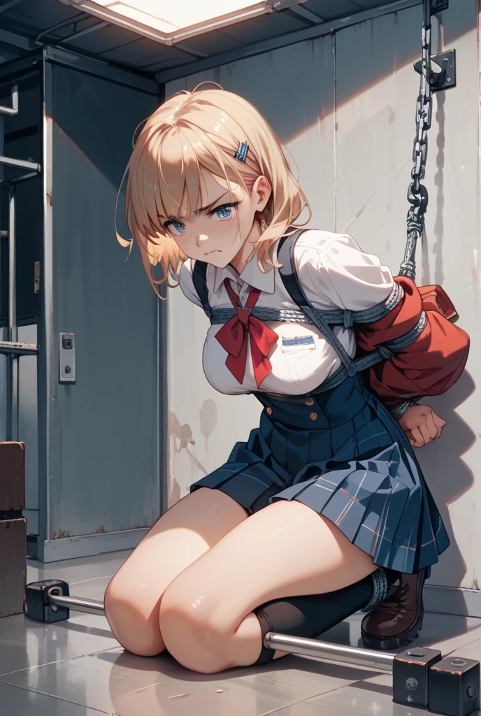 toga tied to a chair in a basement, blonde hair, restraint, bdsm, restrained legs, restrained arms, bound, bound to chair, rope, tied with ropes, sailor clothes, black skirt, medium breasts, Himiko Toga, smile, beautiful body, beautiful face, ultra detailed, highest quality, loose clothes, tied to chair with ropes, restrained body, unable to move, bondage ropes, white shirt, sailor clothes, pervert, tied up, bondage, vampire teeth, open mouth, drooling, legs spread, wet, wet clothes, wet body, liquid