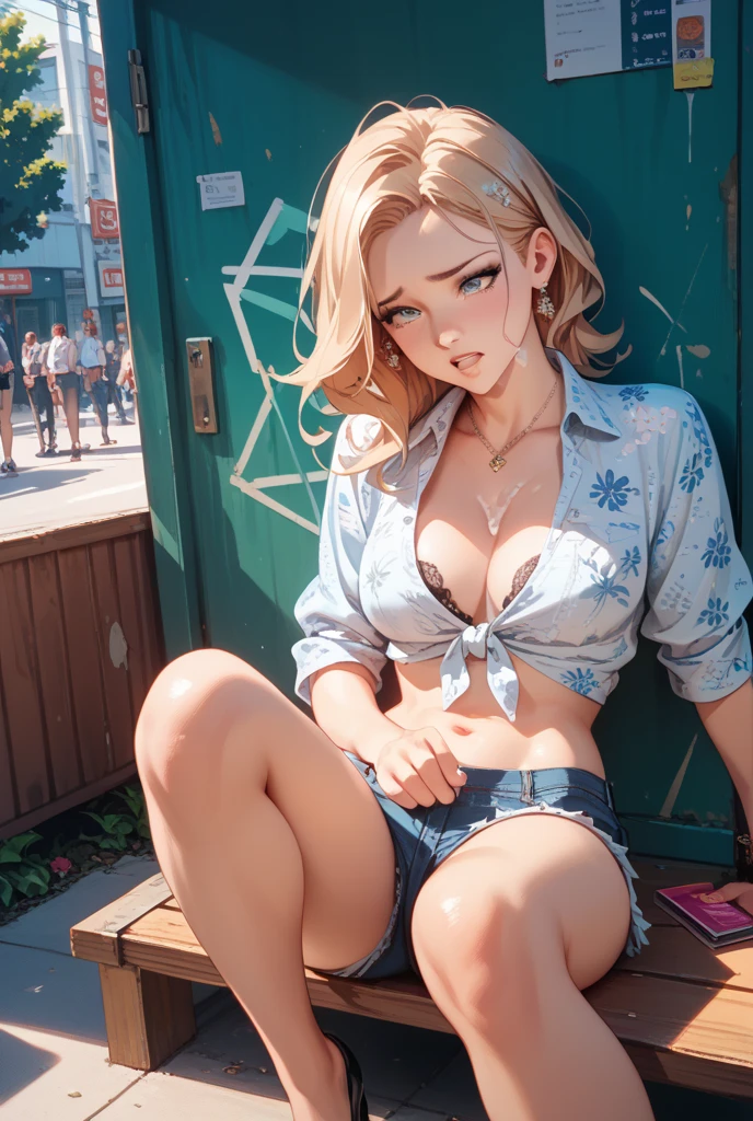 female, blonde flowing hair with green highlights, green eyes, (((1girl))), (((light blue minidress with white trim))), (pink denim cropped jacket), (white thigh high socks), (black boots), cute and sexy, full body, large breasts, cleavage, large butt, long legs, smiling