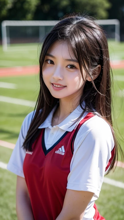 (Best-quality, Masterpiece, Ultra-High-Resolution, (Photorealistic:1.4), Raw Photo, depth of field, professional lighting, perfect anatomy, extremely details), 1girl, 15-years-old, the most famous Japanese idol, standing on athletic-stadium, looking at viewer, innocent smile, (wearing track-and-field-uniform), ((extremely cute face like the most popular Japanese idol, ((extremely cute and extremely big black-round-eyes)), extremely beautiful black-long-hair, ((extremely beautiful skins)), extremely cute long-eyelashes, extremely cute lips, extremely childish body, extremely childish thighs))