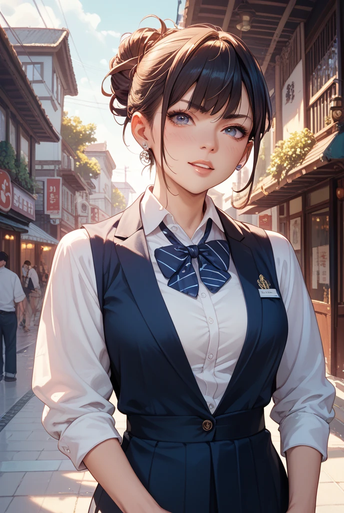 (Masterpiece, Best Quality, High Quality, Highres:1.4), Detailed, Extremely Detailed, 4K, Detailed Face, (Hyper-Detailed Eyes:1.2), beautiful lighting, (1girl, solo, white shirt, sweater vest, black vest, blue necktie), outdoors, full body, bush, looking at viewer, buildings, city